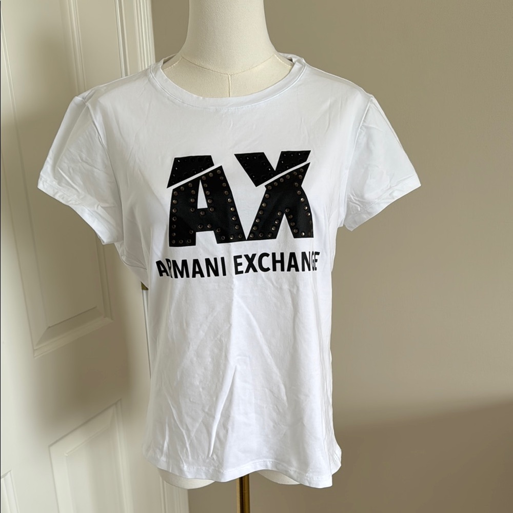 Armani Exchange White T-Shirt with Leather and Stud Logo (new without tags)